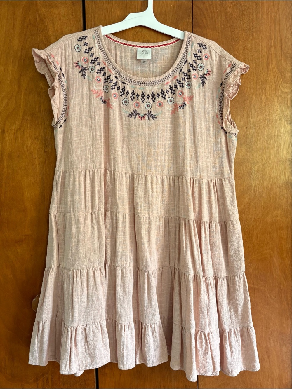 Knox Rose Embroidered Tiered Cotton Dress Dusty Pink Pockets Linen Feel XL